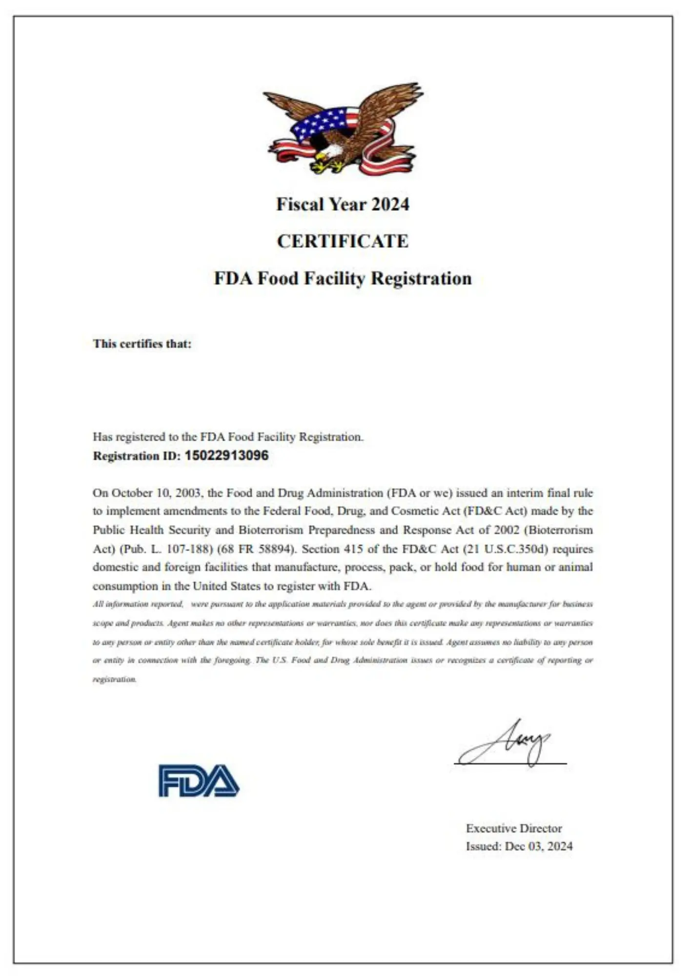 FDA Certification